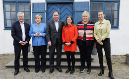 On Viðey island. From left, Finnish PM Antti Rinne, German Chancellor Angela Merkel,  Swedish PM Stefan Löfven, Icelandic PM Katrín Jakobsdóttir, Norwegian PM Erna Solberg, and Danish PM Mette Frederiksen.