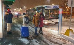 Inclement weather affects international as well as domestic flight today, in addition to bus service.