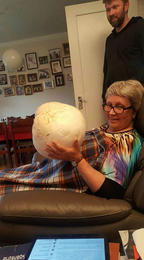 Þórunnborg Jónsdóttir, holding the giant puffball.