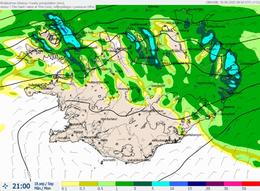The rain forecast in Iceland at 9 PM tonight.