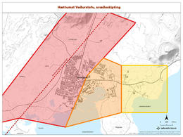 The map shows the different alert colours in the area of Grindavík and close vicinity. Red being the most dangerous zone closest to the magma intrusion and yellow the least dangerous.