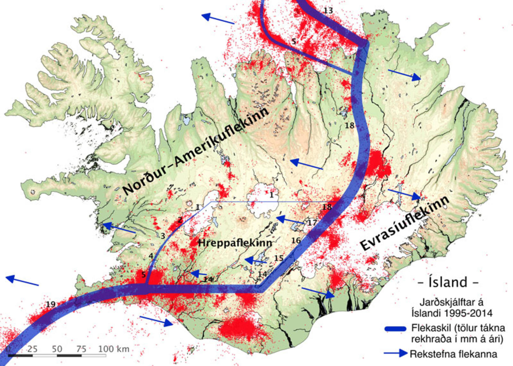 Übersichtskarte mit den Orten der Erdbeben in Island 1995–2014. Die Plattengrenzen sind…