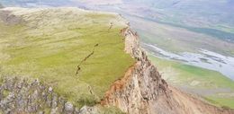 An aerial view of the crevice in Fagraskógarfjall mountain.