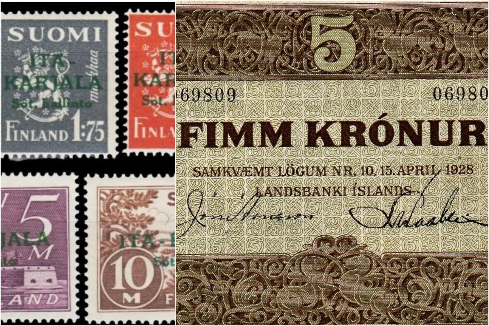 Finnsk frímerki frá síðari heimsstyrjöld og fyrsti seðillinn sem Landsbankinn …