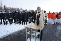 Hanna Birna Kristjánsdóttir á minningarathöfn um látna í umferðarslysum við bráðamóttökuna í Fossvogi í morgun.