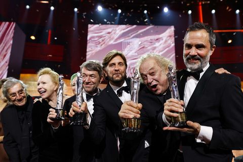 The people behind the fourfold winner Triangle of Sadness with their awards in Harpa last night.