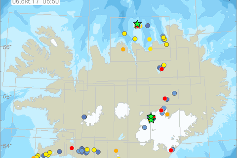 The green stars show where the earthquakes were detected.
