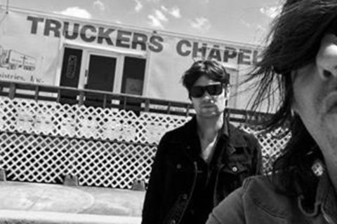 Hákon Aðalsteinsson, left, and Anton Newcombe, right, on tour with The Brian Jonestown Massacre.