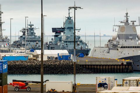 Military vesssels in Sundahöfn harbor, Reykjavík, Friday.
