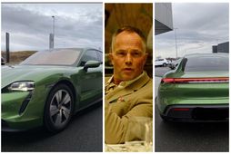 Jeppe Schøitt keyrir um á grænum Porche Taycan.